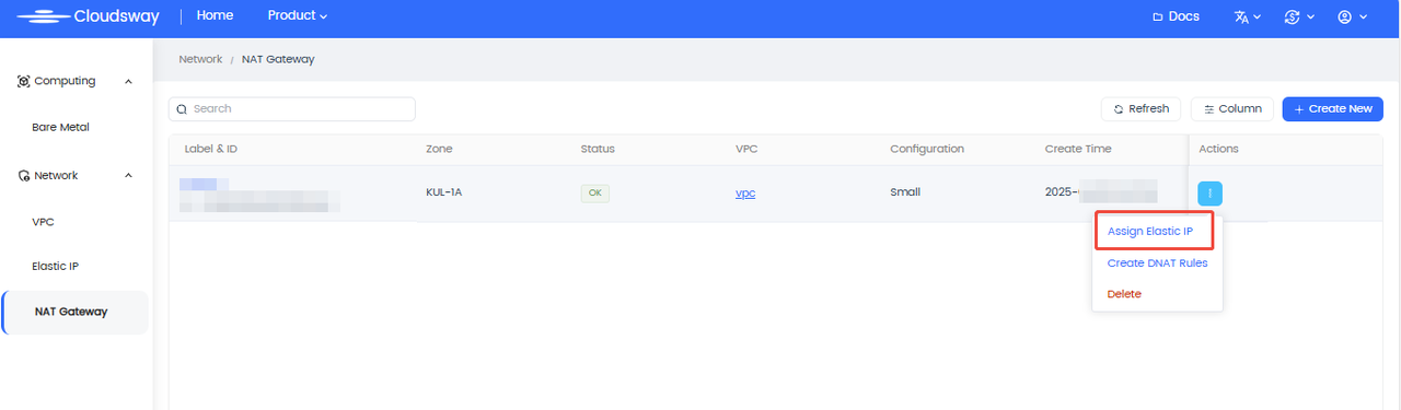 Entry for Binding EIP and Configuring DNAT Port Mapping Rules