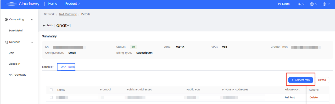 Entry for Creating DNAT Port Mapping Rules